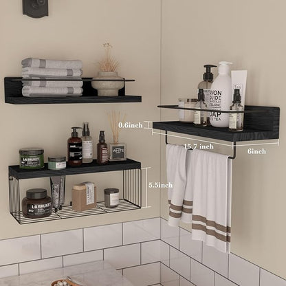 PopiShelves Bathroom Shelves Over Toilet for Wall, Floating Shelves with Storage Basket Paper Holer for Kitchen Living Room, Bedroom & Classroom, Set of 3 (Black)