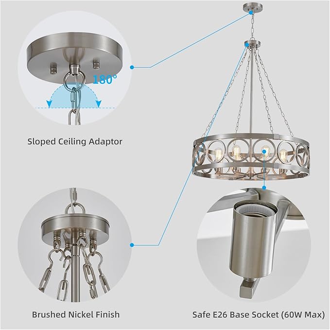 XINGQI Large Drum Chandelier 32.3" Brushed Nickel Chandeliers for Dining Room, Modern 8-Light Round Pendant Lighting Fixture for Living Room Office Kitchen Island