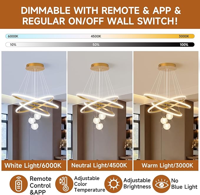 ORANOOR LED Modern 3 Ring Chandeliers for Dining Room, 24in Dimmable Kitchen Pendant Lamp, Gold Dining Room Light Fixtures Ceiling Hanging Over Table, Globe Round Chandeliers for Living Room Bedroom