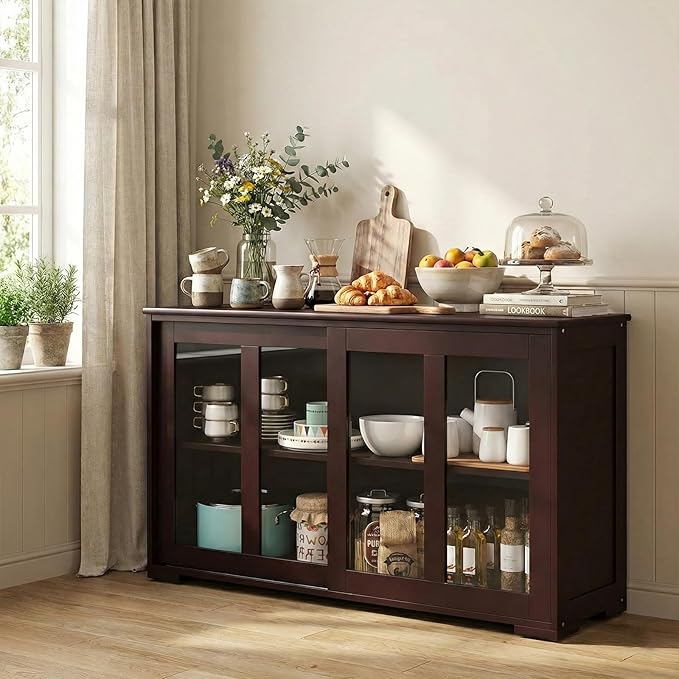NAFORT Wooden Buffet Cabinet Sideboard with Sliding Doors, Kitchen Storage Console Table, Accent Coffee Bar with Adjustable Shelf for Living Room, Dining Room (Brown, 13" D x 42" W x 24.5" H)