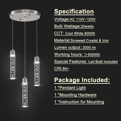 Pendant Lights Kitchen Island, 3-Light Brushed Nickel Cluster Pendant Light Fixtures, LED 6000K Kitchen Island Lights, Modern Hanging Light Fixture, Pendant Lighting for Dining Room Living Room