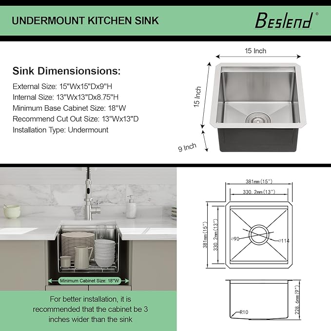 15 Undermount Kitchen Sink - Beslend 15x15 Inch Under Counter Sinks Stainless Steel Ledge Workstation Bar Prep Sink 16 Gauge Single Bowl