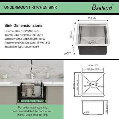 15 Undermount Kitchen Sink - Beslend 15x15 Inch Under Counter Sinks Stainless Steel Ledge Workstation Bar Prep Sink 16 Gauge Single Bowl