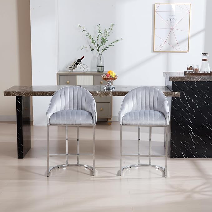 Bar Stools Set of 2, Simple Modern Style, with Velvet upholstered Back Sliver Metal Legs Footrest for Bar, Living Room, Side Chair of Kitchen Island (Grey)