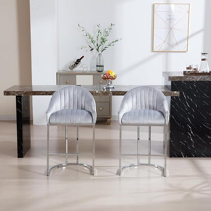 Bar Stools Set of 2, Simple Modern Style, with Velvet upholstered Back Sliver Metal Legs Footrest for Bar, Living Room, Side Chair of Kitchen Island (Grey)