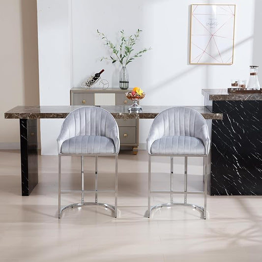 Bar Stools Set of 2, Simple Modern Style, with Velvet upholstered Back Sliver Metal Legs Footrest for Bar, Living Room, Side Chair of Kitchen Island (Grey)