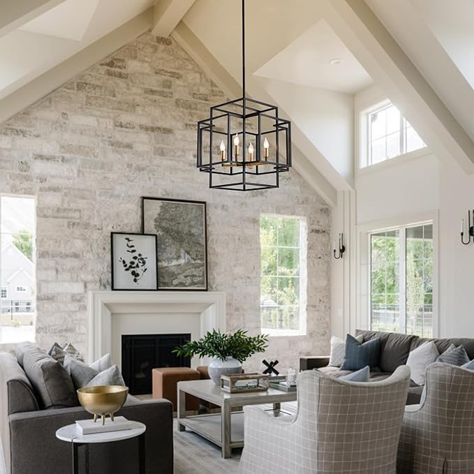 4-Light Black and Gold Chandelier, Modern Dining Room Light Fixture, Farmhouse Hanging Lantern Pendant Light, Industrial Ceiling Foyer Chandeliers, for Kitchen Island,Staircase,Entryway
