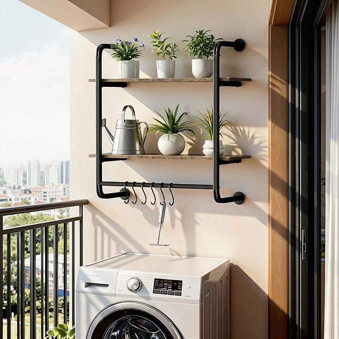 2 Tier Industrial Pipe Floating Shelf, 24" Kitchen Wall Shelves with Towel Bar & 6 Hooks, Coffee Bar Shelves Display Bookshelf Wall Shelf for Kitchen, Bathroom, Home Décor, Rustic Brown