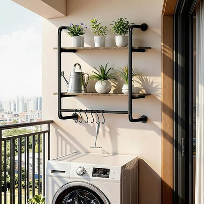 2 Tier Industrial Pipe Floating Shelf, 24" Kitchen Wall Shelves with Towel Bar & 6 Hooks, Coffee Bar Shelves Display Bookshelf Wall Shelf for Kitchen, Bathroom, Home Décor, Rustic Brown