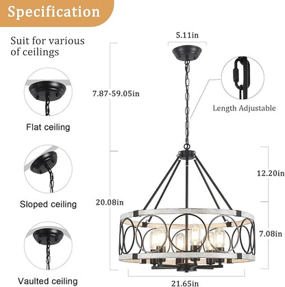 Rustic Farmhouse Chandelier 6 Light, Dining Room Light Fixtures Over Table, Hanging Farmhouse Light Fixture Round Chandelier for Kitchen Island Entryway Foyer Bedroom-Black & White Oak