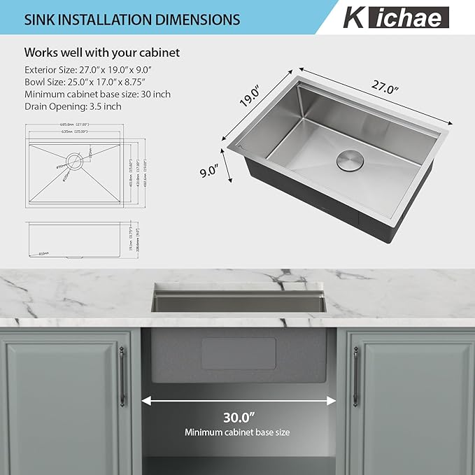 27 Undermount Kitchen Sink - Kichae 27"x19" Kitchen Sink Ledge Workstation Stainless Steel 18 Gauge Single Bowl Under Counter Sink Basin All In One Deep Sink With Cutting Board