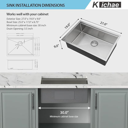 27 Undermount Kitchen Sink - Kichae 27"x19" Kitchen Sink Ledge Workstation Stainless Steel 18 Gauge Single Bowl Under Counter Sink Basin All In One Deep Sink With Cutting Board