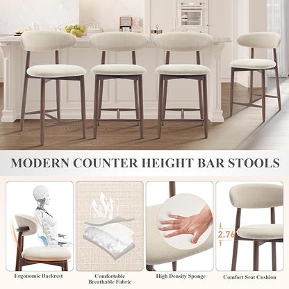 COLAMY Upholstered Counter Height Bar Stools Set of 6, Kitchen Island Stools with Back, Modern Counter Stools Island Bar Chairs with Wood Legs for Kitchen Island Dining Room Bar, Beige