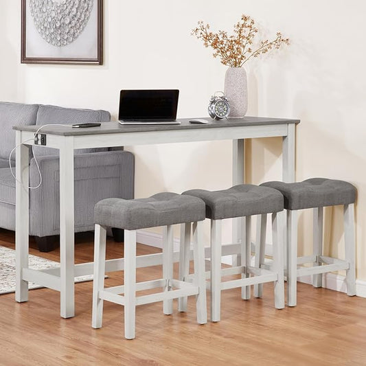 4-Piece Wooden Counter-Table Set with Power Outlet, Industrial Kitchen Dining Tables with 3 Upholstered Stools, 59 Inch Farmhouse Bar Table Chairs w/USB and Type-C Ports, White