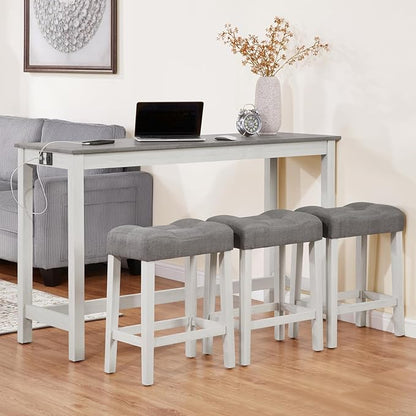 LKTART Bar Table and Chairs Set, 4 Piece Counter Height Bar Table Set with Power Outlet and 3 Upholstered Stools, Industrial Breakfast Table for Living Room, White & Grey