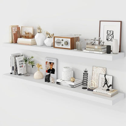 Acovy 55 Inch Floating Shelves, 9.3" Deep Floating Shelf Wall Mounted, 56" Wall Shelves, Rustic Deep Bookshelf, Large Display Shelves & Storage Shelves for Bedroom, Living Room, White, Set of 2