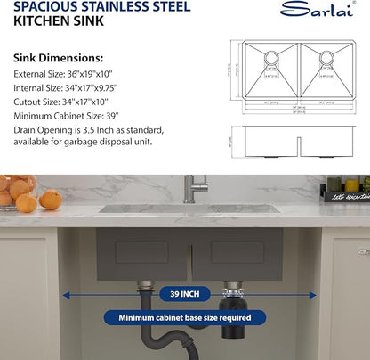 Sarlai Undermount Kitchen Sink - 36 Inch Kitchen Sink Double Bowl 50/50 Low Divide Undermount 36x19 Under-mount Sink Stainless Steel 16 Gauge Rectangular Kitchen Sinks Basin with Accessories