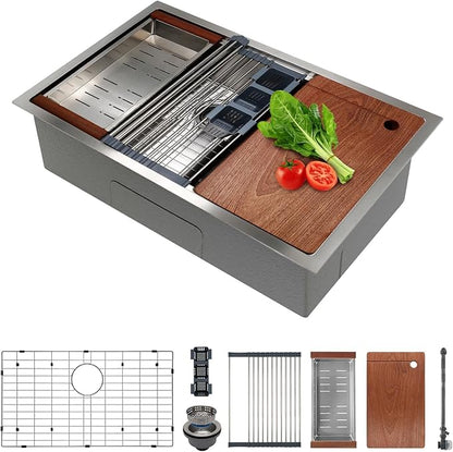 SANYCASA 30 Inch Undermount Kitchen Sink Superior Drain Kitchen Sinks 11 Gauge (3mm) Stainless Steel, Single Bowl Integrated Ledge Multifunctional Workstation Set -
