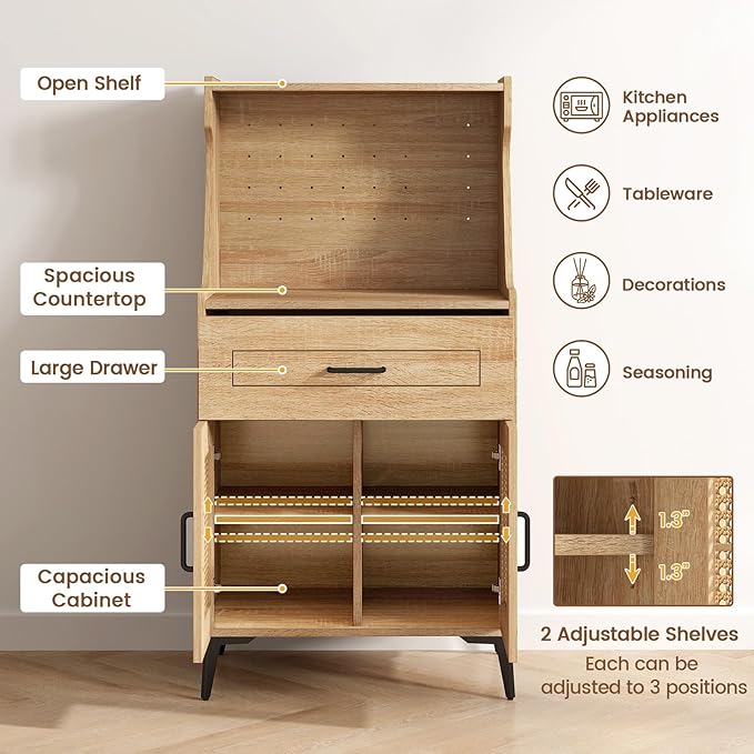 LOKO 45.5” Kitchen Pantry Cabinet Set of 2, Coffee Bar Cabinet with DIY Pegboard, Rattan Buffet Sideboard with Adjustable Shelf, Mid Century Modern Hutch Cabinet for Living Room, Oak (2)