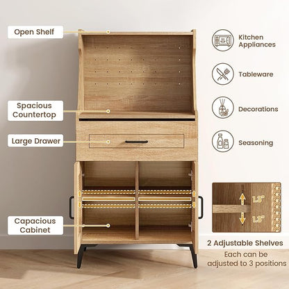 LOKO 45.5” Kitchen Pantry Cabinet Set of 2, Coffee Bar Cabinet with DIY Pegboard, Rattan Buffet Sideboard with Adjustable Shelf, Mid Century Modern Hutch Cabinet for Living Room, Oak (2)