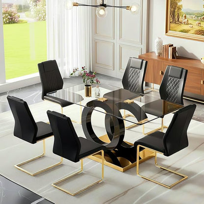 Ebullient 63" Modern Glass Dining Table for 6, Black OC-Shape Pedestal & Gold Base, Rectangular Tempered Glass Kitchen Table for Dining Room
