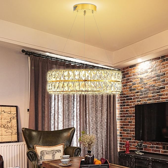 Led 15.7" Gold Ring Crystal Chandelier, Modern Dimmable Chandeliers Lighting and Hanging Adjustable, LED Round Ceiling Light Fixtures for Dining Room Living Room