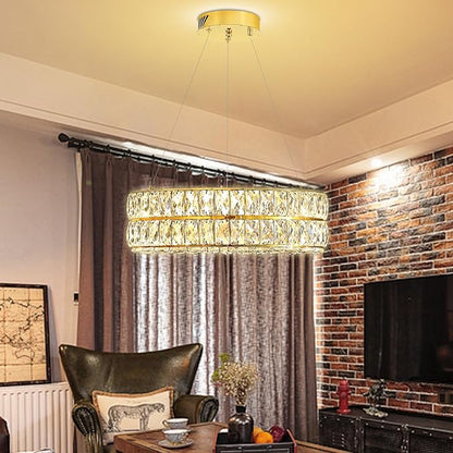 Led 15.7" Gold Ring Crystal Chandelier, Modern Dimmable Chandeliers Lighting and Hanging Adjustable, LED Round Ceiling Light Fixtures for Dining Room Living Room