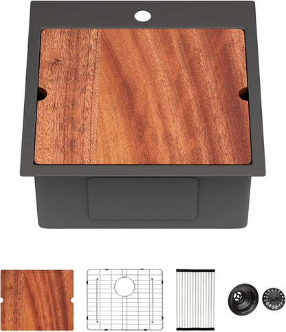 18 Inch Drop In RV Bar Sink - Beslend 18x18 Gunmetal Black Topmount Sink for RV Camper, Black Stainless Steel Wet Bar Workstation with Cutting Board, Roll-up Rack, Drain Assembly & Rinse Grid