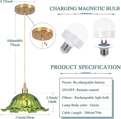 Battery Operated Pendant Light,Green Chandelier 2500mAh RGB Light Bulb 11in Vintage Light Fixtures with Remote Control Wireless Adjustable Rechargeable Chandelier for Kitchen Island Hallway 1Light