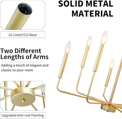 Gold Chandelier: 8-Light 29.5 Inch Candle Style Chandelier with Candelabra Arms - Modern Farmhouse Dining Room Light Fixture for Foyer Kitchen Island - E12 Base