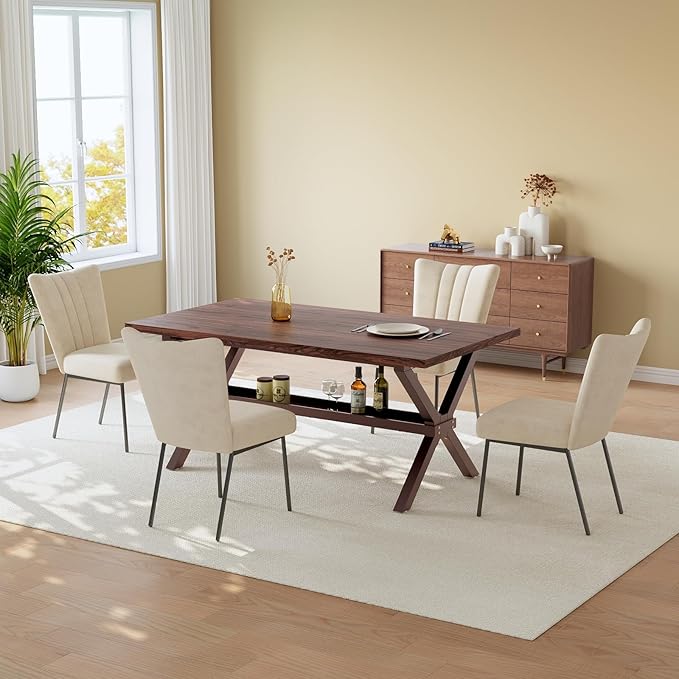 HIPIHOM 63" Kitchen and Dining Table Set for 4, MDF Wooden Table with Dining Chairs, Durable Metal Frame, Small Kitchen Island Styles with Storage Shelves