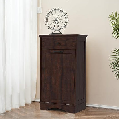 13 Gallons Tilt Out Trash Cabinet Freestanding Kitchen Trash Bin Cabinet Wood Garbage Recycling Cabinet with Hideaway Drawer Pet Proof Trash Can Holder for Kitchen Living Room, Brown