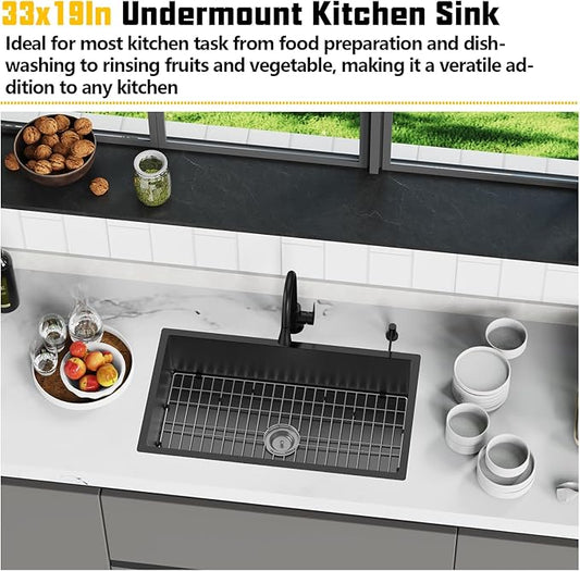 Black 33x19 Inch Undermount Kitchen Sink-Stainless Steel Single Bowl Drop In Kitchen Sink Stylish And Modern Look With Bottom Grid,Silicon Mat And Drain Assembly Add Elegance & Enhance Usability