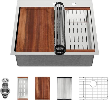 25x22 Drop In Kitchen Sink Workstation 25 Inch Stainless Steel Sink Topmount 16 Gauge Single Bowl Sink 10" Deep Countertop Basin with Accessories