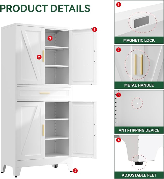 71" Tall Kitchen Pantry Cabinet,Farmhouse Pantry Cabinet,Metal Cabinet with Adjustable Shelves and Drawer,Storage Cabinet for Kitchen Dining Room Garage,White 1 Pack
