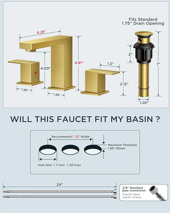 QFN Lead-Free Gold Bathroom Faucet 3 Hole, Square Bathroom Sink Faucet 8 Inch Widespread, 2 Handle for 4"-12" Vanity Sink with Metal Pop Up Drain and 24" cUPC Supply Hoses