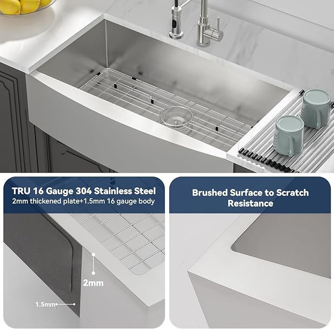 Lordear 36 Inch Farmhouse Kitchen Sink Stainless Steel Apron Front Farm Sink 16 Gauge Single Bowl Handmade Kitchen Basin with Accessories