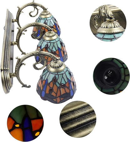 Retro Dragonfly Wall Sconce Lamp Victorian Decor Lamp 3-Light Vanity Light Fixtures Stained Glass Style Decorative Wall Lamp for Bathroom Bedroom Living Room Hotel