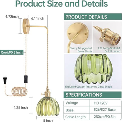 Shenmoyl Vintage Wall Sconce Wall Lamp with Green Tulip Glass Shade Hanging Wall Sconce with 4.9FT Plug in Cord, Modern Wall Lamp Fixtures Decor for Bedside Bedroom Indoor Doorway