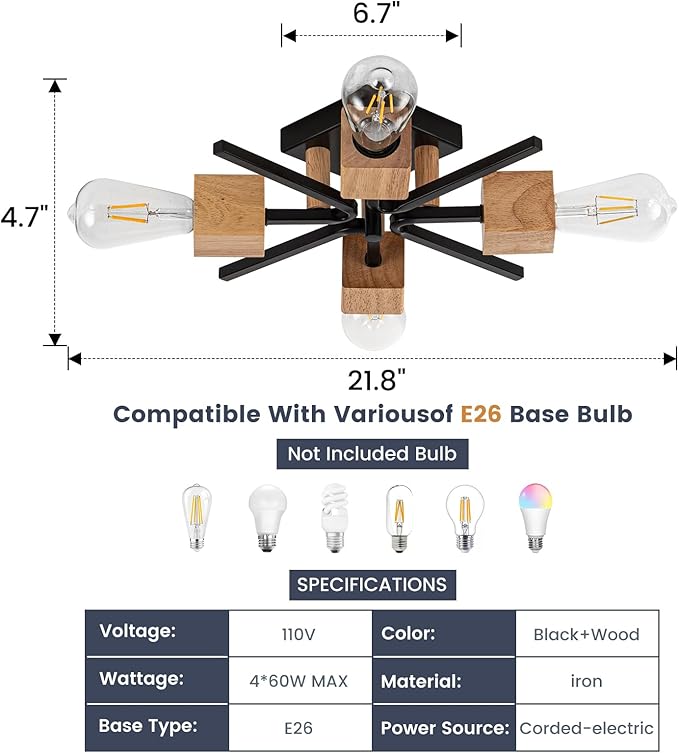 4 Light Sputnik Light Fixture Black Flush Mount Lights Industrial Ceiling Light Wood 22" Modern Farmhouse Ceiling Lights for Kitchen Bedroom Bathroom Foyer Hallway(E26)