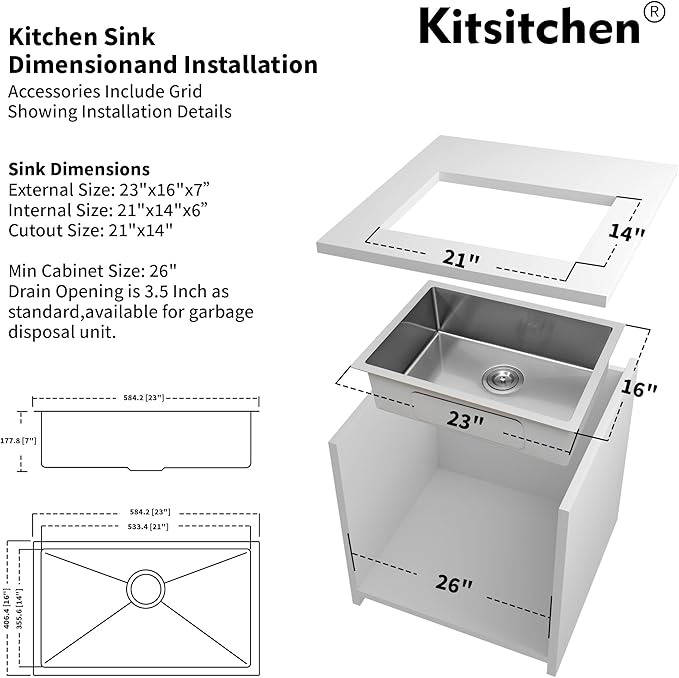 Kitsitchen RV Kitchen Sink, 23" x 16" x 7" Stainless Steel Undermount Kitchen Sinks, 23 Inch Single Bowl Kitchen Sinks with Accessories,7 inch Depth for Outdoor Camper RV Sink