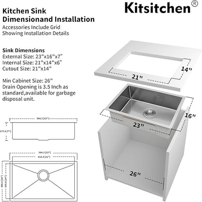 Kitsitchen RV Kitchen Sink, 23" x 16" x 7" Stainless Steel Undermount Kitchen Sinks, 23 Inch Single Bowl Kitchen Sinks with Accessories,7 inch Depth for Outdoor Camper RV Sink