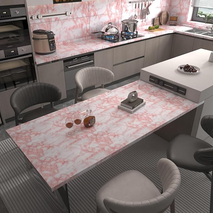 BAYYA Extra Wide Marble Contact Paper Granite Peel and Stick Wallpaper Pink Glossy 48x197 inch Countertop Contact Paper for Kitchen Bathroom Self-Adhesive Waterproof Decorative Film Marble Vinyl Wrap