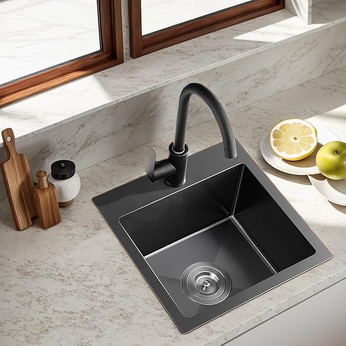 Comllen 18x18 Inch Drop in Black Bar Sink,Top Mount Handmade 16 Gauge Stainless Steel Small Black Kitchen Sink,9 Inch Deep Single Bowl Wet Bar Sink with Stainless Steel Grid & Strainer