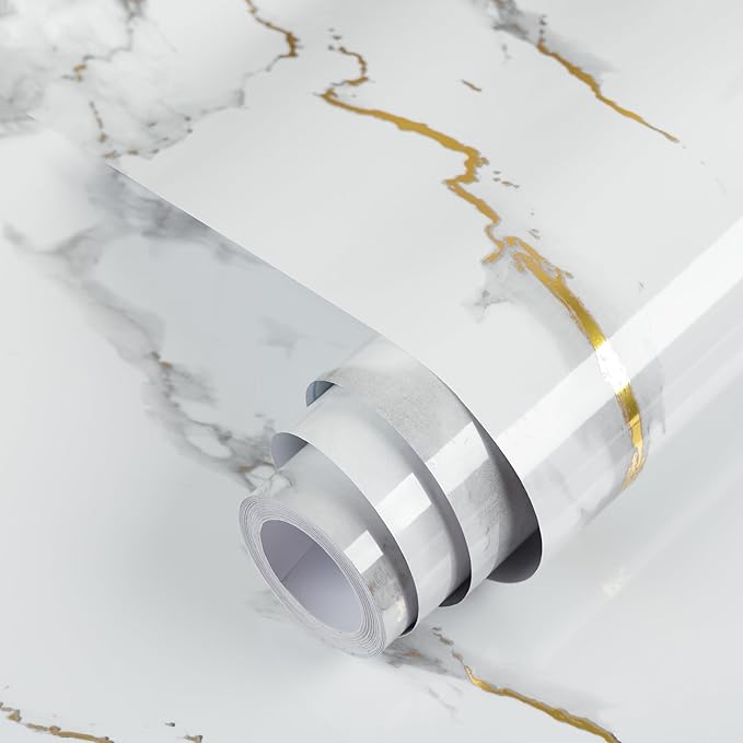 practicalWs Glossy Marble Wallpaper Peel and Stick White/Gold Granite Contact Paper Removable Wall Paper for Kitchen Countertop Cabinet Furniture 23.6" x 118"