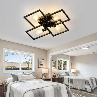 ASGYISA Black Industrial Semi Flush Mount Ceiling Light Kitchen Light Fixtures 4-Light Modern Large Matte Sputnik Chandelier for Dining Room Bedroom Farmhouse Living Room