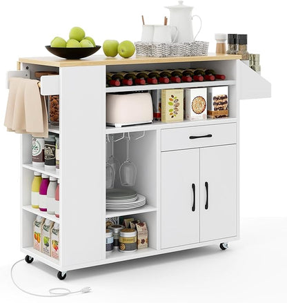 Giantex Rolling Kitchen Island Cart w/Drop Leaf, Power Outlet, Wine Rack, Stemware Rack, Drawer, Spice Rack, Mobile Storage Cart, Island Table on Wheels for Breakfast Dining (White & Natural)