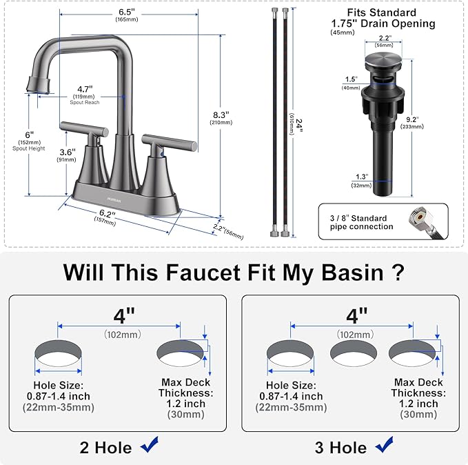 Bathroom Sink Faucet, Hurran Brushed Grey Bathroom Faucets for Sink 3 Hole with Pop-up Drain and Supply Hoses, 360 Swivel Spout 2-Handle Centerset Faucet for Vanity RV Farmhouse