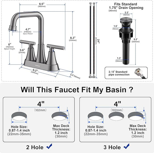 Bathroom Sink Faucet, Hurran Brushed Grey Bathroom Faucets for Sink 3 Hole with Pop-up Drain and Supply Hoses, 360 Swivel Spout 2-Handle Centerset Faucet for Vanity RV Farmhouse