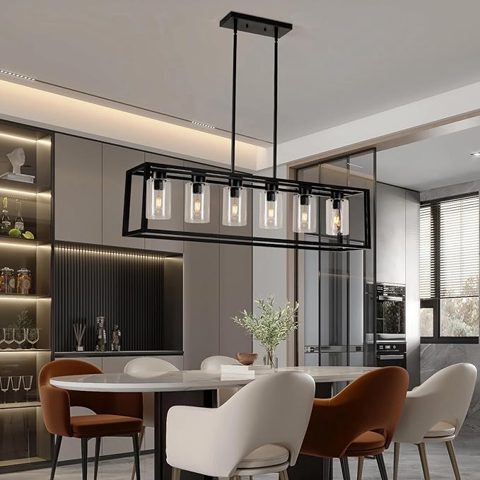 Farmhouse Dining Room Light Fixture Kitchen Island 6-Light Pendant Lighting， Adjustable Rectangle Black Contemporary Chandeliers with Glass Shade (6 Light)